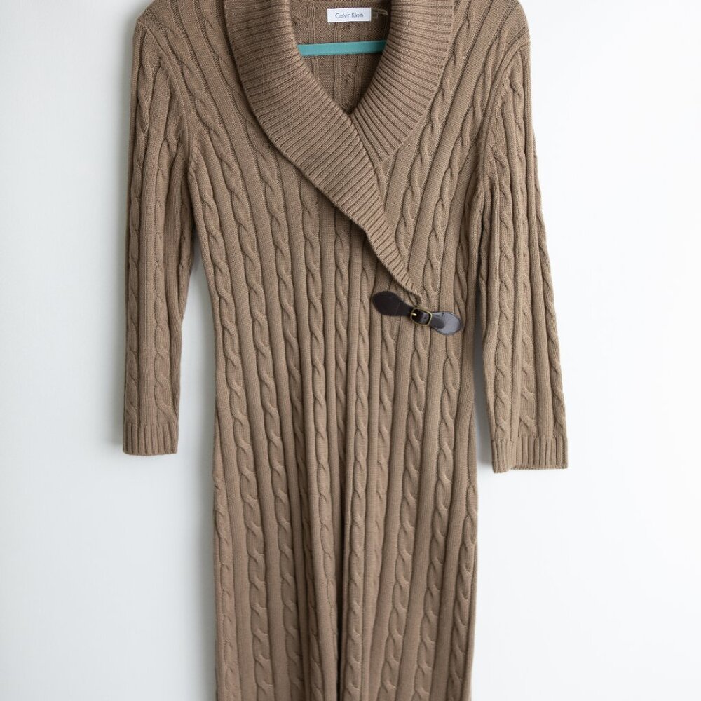 Calvin Klein Cable Knit Knee Length Sweater Dress with Faux Leather Buckle